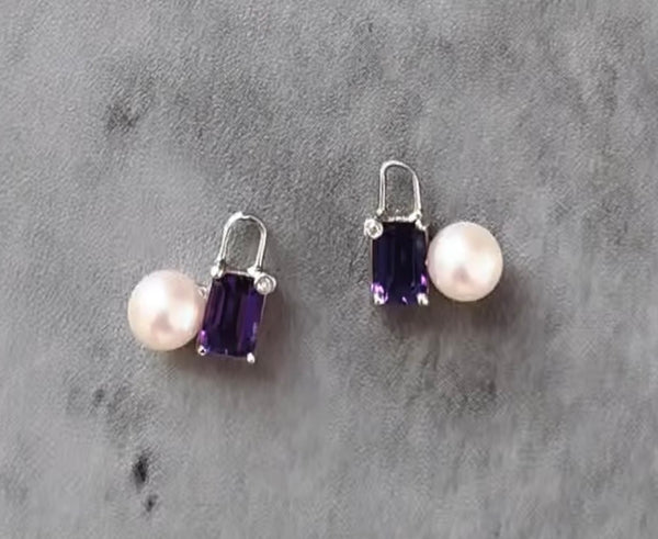Amethyst, Fresh Water Pearl + Diamond Stud Earrings
