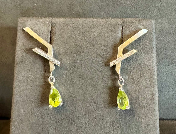 Sterling Silver Peridot Y Diamond Earrings