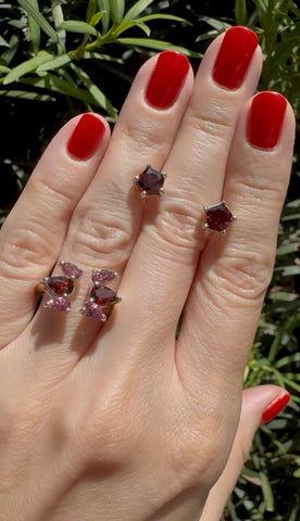 Red Garnet Pentagon Stud Earrings & Pear Shaped Pink Tourmaline + Red Garnet Open Ring Sterling Silver Set
