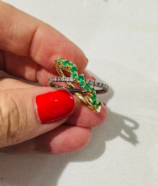 18k Blackened/Yellow Gold Criss Cross Diamond + Emerald Ring Size 9.5