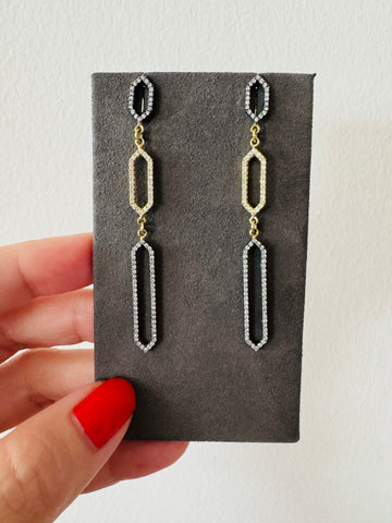 18k Yellow and Blackened Gold Long Outline Diamond Earrings (0.98cts)