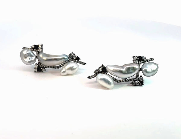 Tahitian Keshi Pearl Trio Ear Climber Earrings with Diamonds + Black Spinels in 18k Blackened Gold