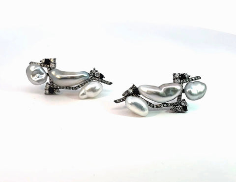 Tahitian Keshi Pearl Trio Ear Climber Earrings with Diamonds + Black Spinels in 18k Blackened Gold