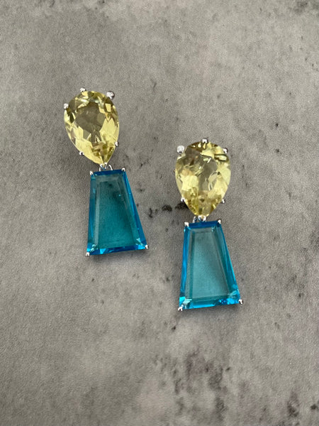 Lemon Citrine + Blue Topaz 18k White Gold Earrings