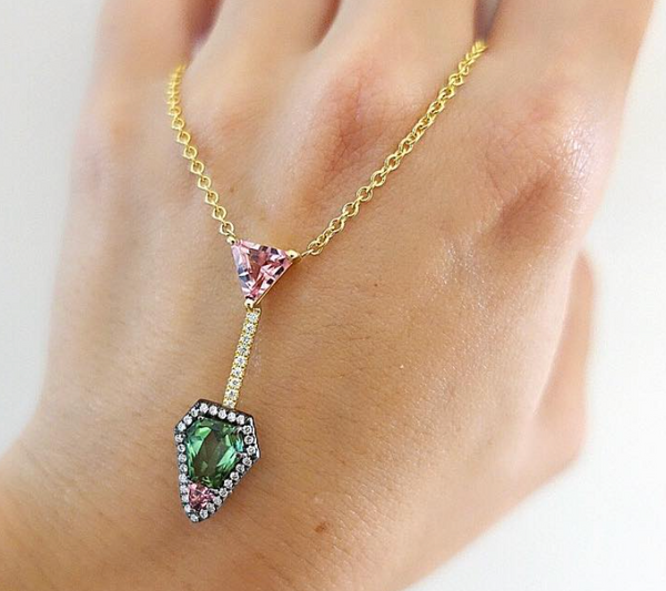 Yellow and Blackened Gold, Pink + Green Tourmaline Diamond Necklace