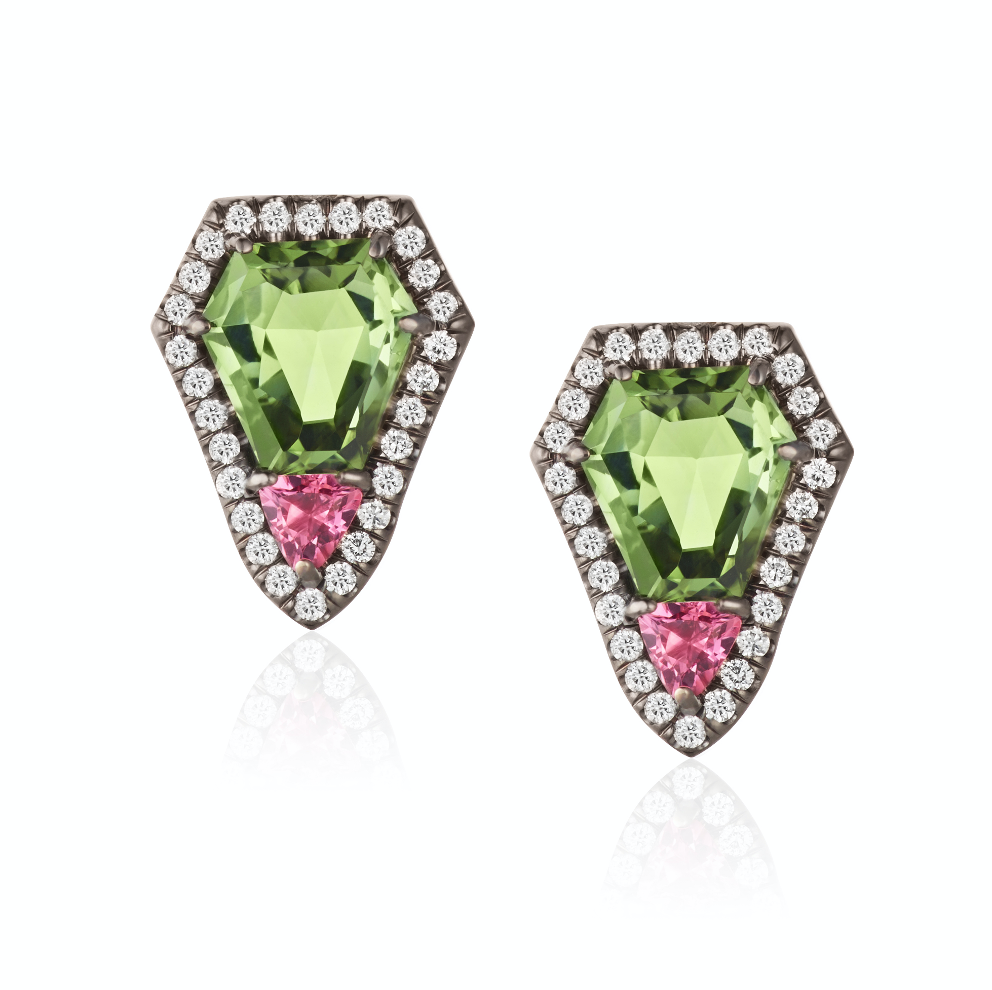 Blackened Gold Stud Earrings: Light Green + Pink Tourmaline and Diamonds