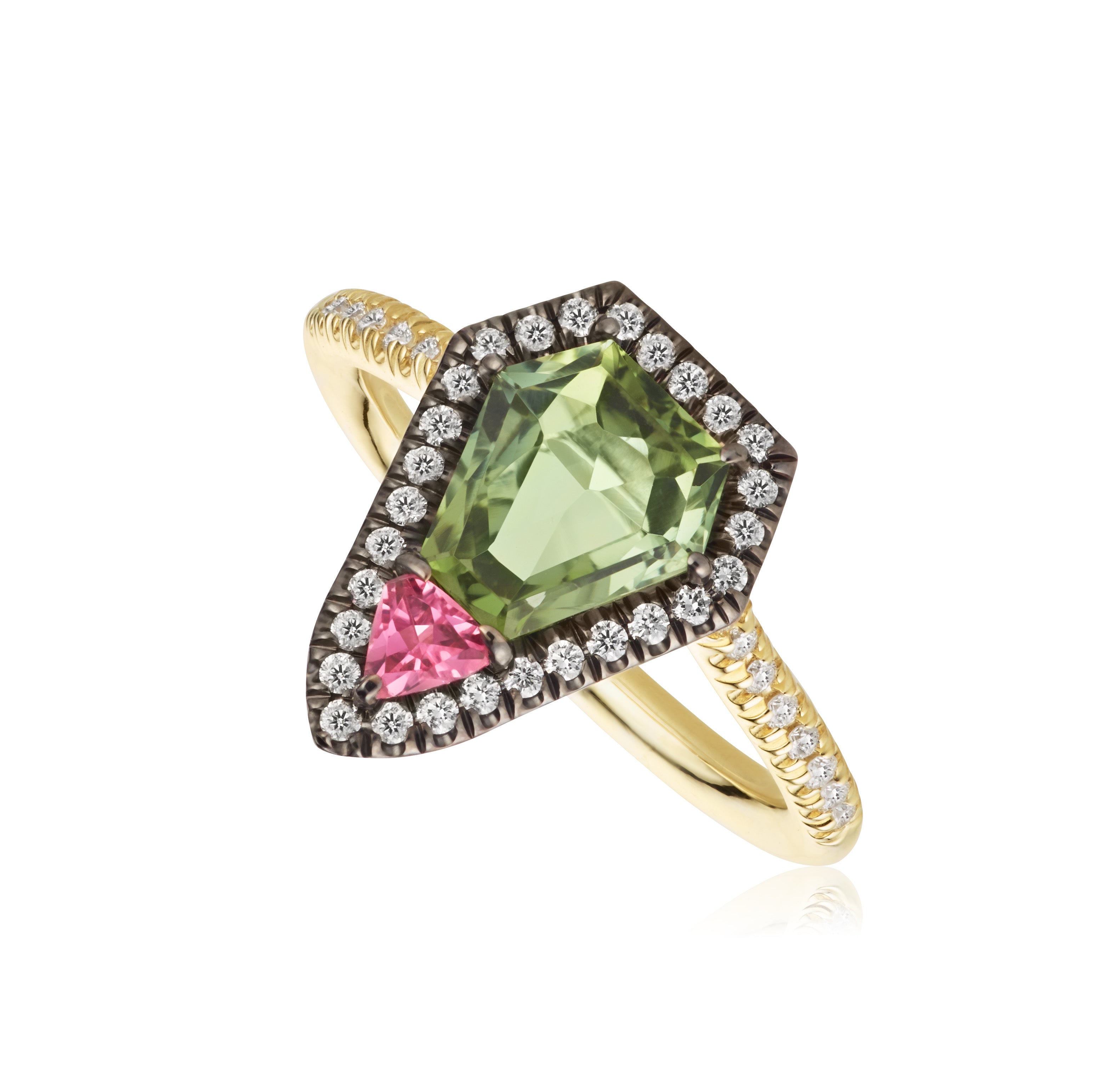 Diamond Yellow + Blackened Gold Green and Pink Tourmaline Ring