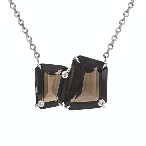 Asymmetrics + Diamonds Double Stone Necklace: Smoky Quartz